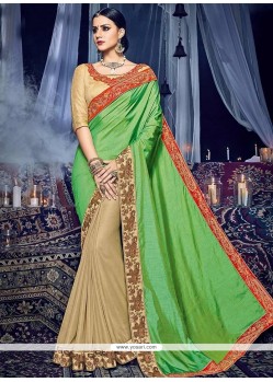 Beige And Green Resham Work Designer Half N Half Saree