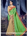 Beige And Green Resham Work Designer Half N Half Saree