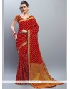 Chanderi Cotton Red Lace Work Designer Saree