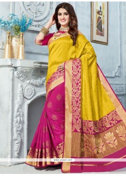 Hot Pink And Yellow Weaving Work Art Silk Designer Traditional Saree