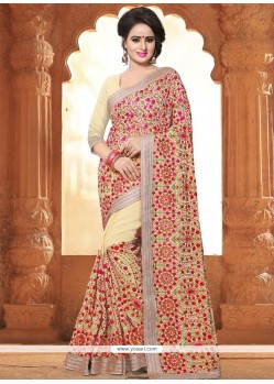 Faux Georgette Cream Patch Border Work Saree