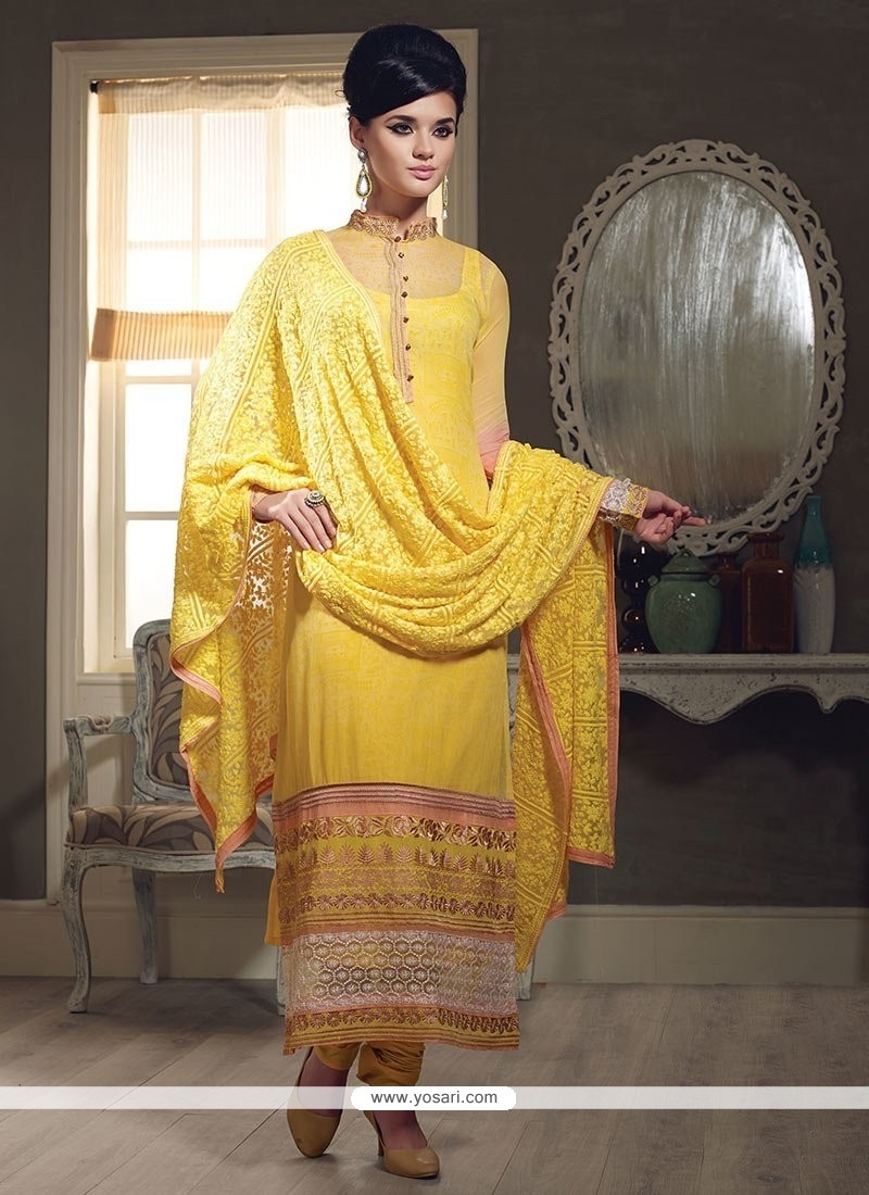 Yellow Georgette Embroidery Churidar Suit