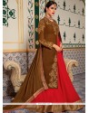 Patch Border Fancy Fabric Floor Length Anarkali Suit In Brown And Pink