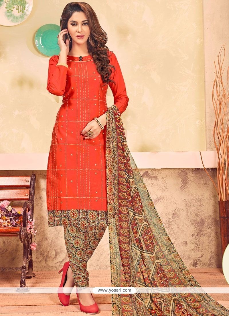 Designer Orange Color Party Wear Salwar Suit In Chanderi Silk Fabric