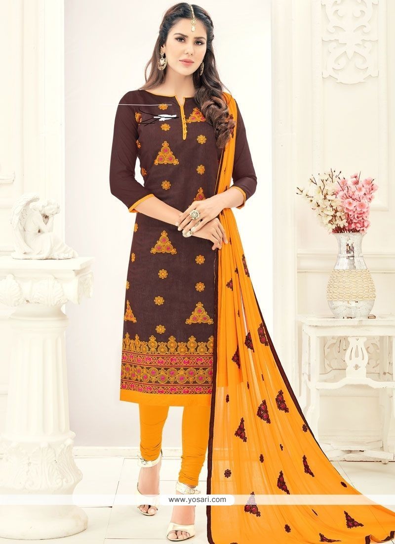 Buy Brown Chanderi Cotton Churidar Suit | Churidar Salwar Suits