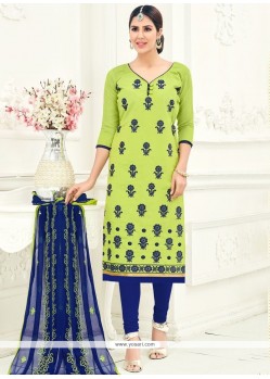 Embroidered Work Chanderi Cotton Green Churidar Suit