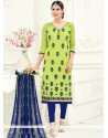 Embroidered Work Chanderi Cotton Green Churidar Suit