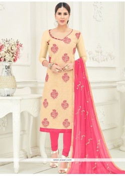 Beige Resham Work Chanderi Cotton Churidar Suit