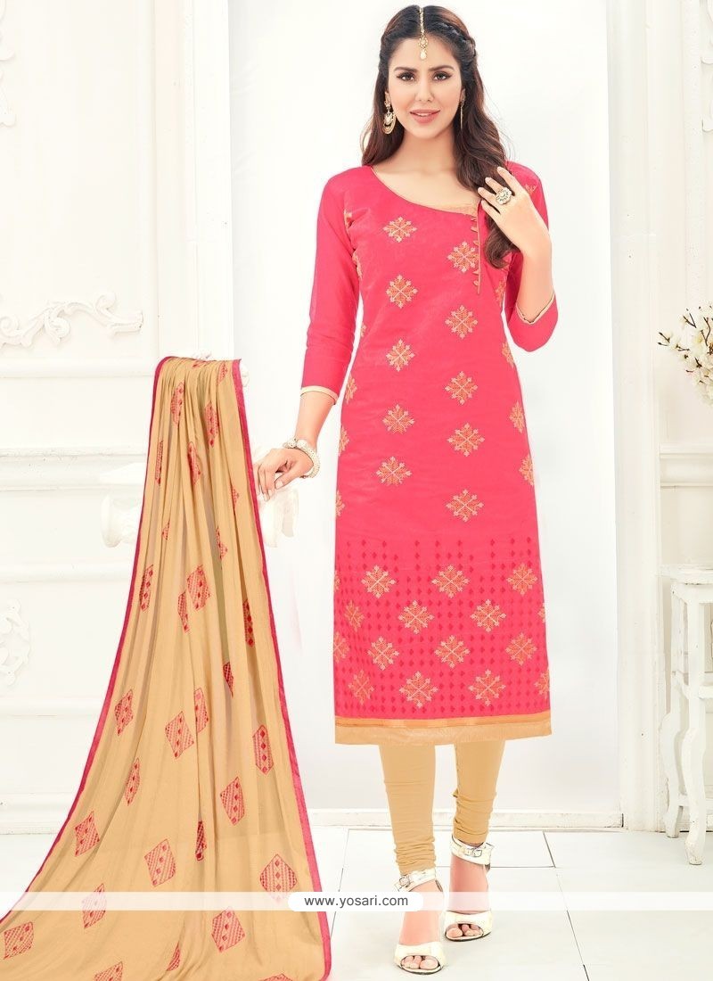 Buy Resham Work Chanderi Cotton Pink Churidar Suit | Churidar Salwar Suits