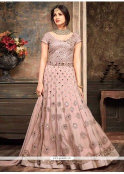 Resham Work Pink Net Floor Length Anarkali Suit