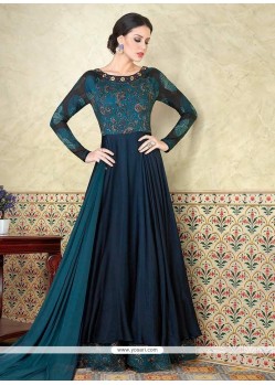 Print Work Teal Cotton Satin Designer Suit