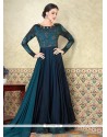 Print Work Teal Cotton Satin Designer Suit