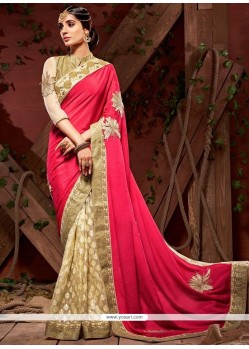 Jacquard Beige And Red Designer Half N Half Saree