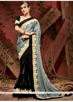 Black And Grey Embroidered Work Satin Half N Half Saree