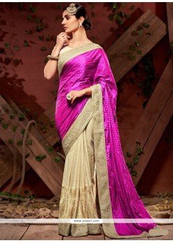 Cream And Purple Patch Border Work Faux Crepe Designer Half N Half Saree