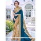 Beige And Blue Patch Border Work Satin Designer Half N Half Saree