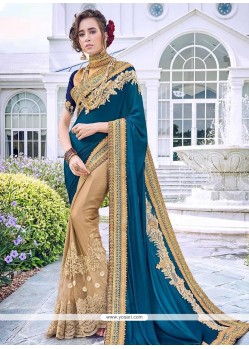 Beige And Blue Patch Border Work Satin Designer Half N Half Saree