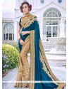 Beige And Blue Patch Border Work Satin Designer Half N Half Saree