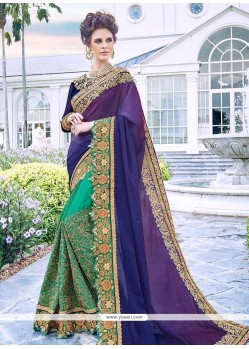 Embroidered Work Blue And Sea Green Designer Half N Half Saree