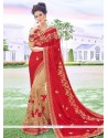 Satin Beige And Red Embroidered Work Half N Half Designer Saree