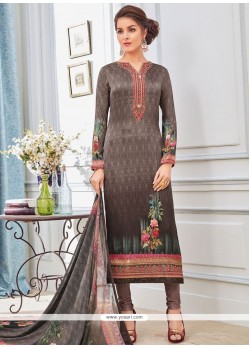 Print Work Grey Faux Crepe Churidar Designer Suit