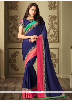 Satin Navy Blue Embroidered Work Classic Saree