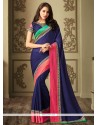 Satin Navy Blue Embroidered Work Classic Saree