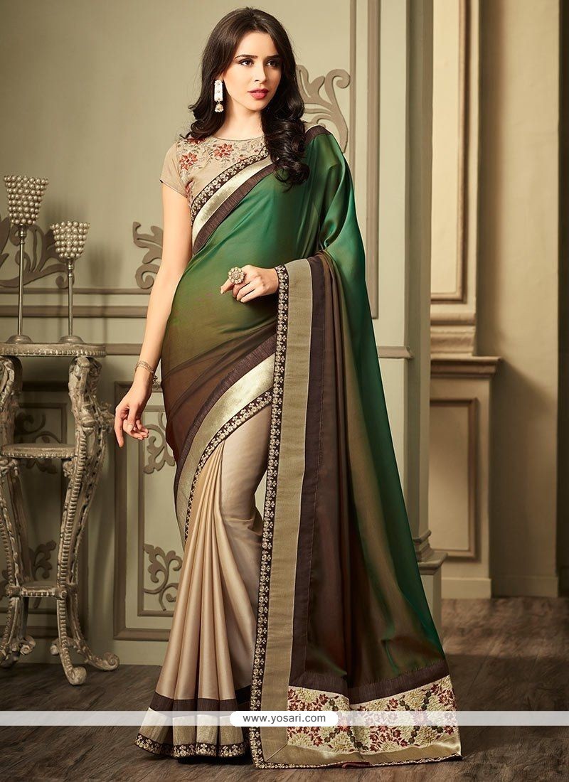 Buy Embroidered Art Silk Traditional Designer Saree In Beige And Green ...