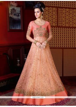 Embroidered Net Floor Length Anarkali Suit In Peach