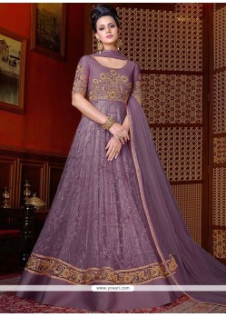 Lavender Lace Work Net Floor Length Anarkali Suit