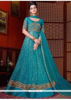 Blue Lace Work Net Floor Length Anarkali Suit