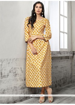 Cotton Beige Print Work Party Wear Kurti