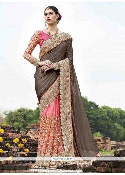 Faux Crepe Peach Resham Work Designer Half N Half Saree