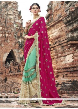 Faux Crepe Rani And Sea Green Designer Half N Half Saree