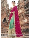 Faux Crepe Rani And Sea Green Designer Half N Half Saree