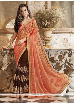 Brown And Orange Faux Chiffon Designer Half N Half Saree