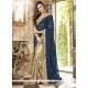 Beige And Navy Blue Embroidered Work Faux Chiffon Half N Half Designer Saree