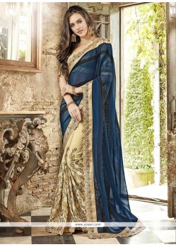 Beige And Navy Blue Embroidered Work Faux Chiffon Half N Half Designer Saree