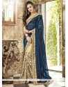 Beige And Navy Blue Embroidered Work Faux Chiffon Half N Half Designer Saree