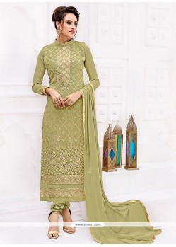 Faux Georgette Green Embroidered Work Churidar Designer Suit