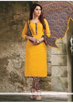 Cotton Yellow Print Work Churidar Suit