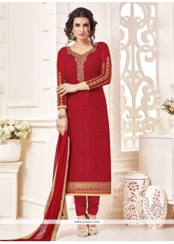 Embroidered Work Faux Georgette Maroon Churidar Designer Suit