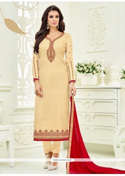 Faux Georgette Beige Embroidered Work Churidar Designer Suit