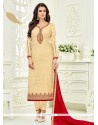 Faux Georgette Beige Embroidered Work Churidar Designer Suit