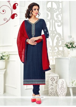 Faux Georgette Navy Blue Churidar Designer Suit