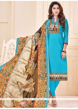 Blue Print Work Cotton Churidar Suit