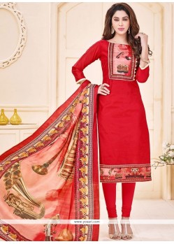 Print Work Cotton Red Churidar Suit