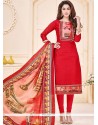 Print Work Cotton Red Churidar Suit