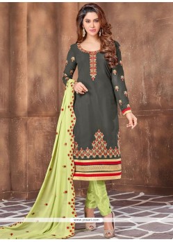Embroidered Faux Georgette Pant Style Suit In Green
