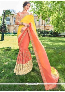Embroidered Faux Chiffon Shaded Saree In Peach And Yellow